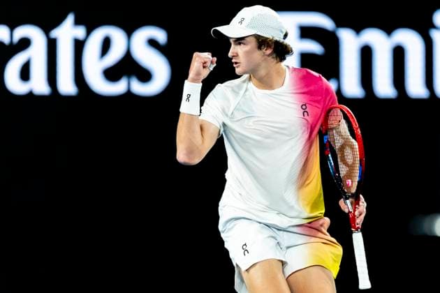 MELBOURNE, VIC - JANUARY 14: Joao Fonseca of Brazil celebrates during Round 1 of the 2025 Australian Open on January 14 2025, at Melbourne Park in Melbourne, Australia. (Photo by Jason Heidrich Icon Sportswire) TENNIS: JAN 14 Australian Open EDITORIAL USE ONLY Icon250114237