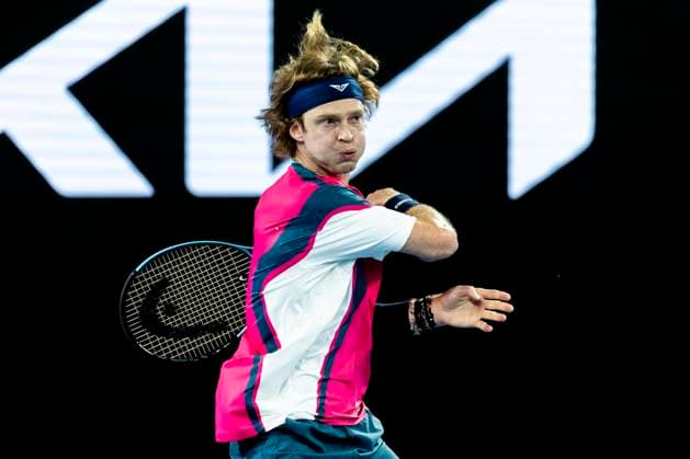 MELBOURNE, VIC - JANUARY 14: Andrey Rublev of Russia in action during Round 1 of the 2025 Australian Open on January 14 2025, at Melbourne Park in Melbourne, Australia. (Photo by Jason Heidrich Icon Sportswire) TENNIS: JAN 14 Australian Open EDITORIAL USE ONLY Icon250114243