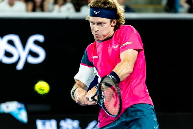 MELBOURNE, VIC - JANUARY 14: Andrey Rublev of Russia in action during Round 1 of the 2025 Australian Open on January 14 2025, at Melbourne Park in Melbourne, Australia. (Photo by Jason Heidrich Icon Sportswire) TENNIS: JAN 14 Australian Open EDITORIAL USE ONLY Icon250114245