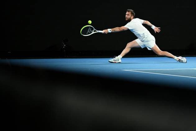 TENNIS AUSTRALIAN OPEN, Corentin Moutet of France returns during his round 1 match against Alexei Popyrin of Australia during the 2025 Australian Open at Melbourne Park in Melbourne, Tuesday, January 14, 2025. ( NO ARCHIVING, EDITORIAL USE ONLY, NO USE IN BOOKS WITHOUT CONSENT MELBOURNE VICTORIA AUSTRALIA  Copyright: xJOELxCARRETTx 20250114199592445356