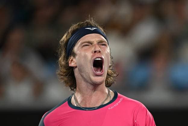 TENNIS AUSTRALIAN OPEN, Andrey Rublev of Russia reacts during his round 1 match against Joao Fonseca of Brazil during the 2025 Australian Open at Melbourne Park in Melbourne, Tuesday, January 14, 2025. ( NO ARCHIVING, EDITORIAL USE ONLY, NO USE IN BOOKS WITHOUT CONSENT MELBOURNE VICTORIA AUSTRALIA  Copyright: xLUKASxCOCHx 20250114169936252317