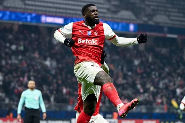 Fußball, Coupe de France, Stade Reims - AS Monaco FOOTBALL : Reims vs Monaco - Coupe de France - 14 01 2025 Abdul Karim Mohammed ( 5 - Monaco ) celebrates after scoring during the French Cup match between Stade de Reims and AS Monaco at Stade Auguste Delaune on January 14, 2025 in Reims, France. ( Photo by Dante Badano PsnewZ ) - ReimsFrance  Copyright: xDantexBadanox