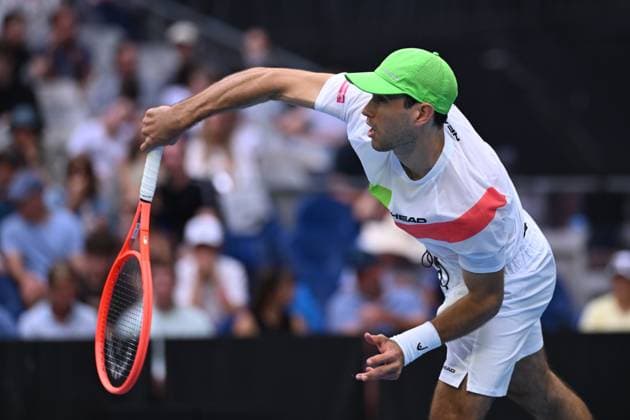TENNIS AUSTRALIAN OPEN, Nuno Borges of Portugal serves during his round 2 match against Jordan Thomspon of Australia during the 2025 Australian Open at Melbourne Park in Melbourne, Wednesday, January 15, 2025. ( NO ARCHIVING, EDITORIAL USE ONLY, NO USE IN BOOKS WITHOUT CONSENT MELBOURNE VICTORIA AUSTRALIA  Copyright: xJAMESxROSSx 20250115173155109300