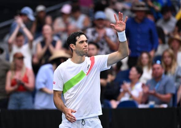 TENNIS AUSTRALIAN OPEN, Nuno Borges of Portugal celebrates after winning his 2nd round match against Jordan Thompson of Australia during the 2025 Australian Open at Melbourne Park in Melbourne, Wednesday, January 15, 2025. ( NO ARCHIVING, EDITORIAL USE ONLY, NO USE IN BOOKS WITHOUT CONSENT MELBOURNE VICTORIA AUSTRALIA  Copyright: xJAMESxROSSx 20250115145476588145