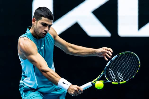 MELBOURNE, VIC - JANUARY 15: Carlos Alcaraz of Spain in action during Round 2 of the 2025 Australian Open on January 15 2025, at Melbourne Park in Melbourne, Australia. (Photo by Jason Heidrich Icon Sportswire) TENNIS: JAN 15 Australian Open EDITORIAL USE ONLY Icon250115075