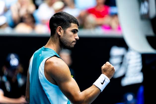 MELBOURNE, VIC - JANUARY 15: Carlos Alcaraz of Spain celebrates during Round 2 of the 2025 Australian Open on January 15 2025, at Melbourne Park in Melbourne, Australia. (Photo by Jason Heidrich Icon Sportswire) TENNIS: JAN 15 Australian Open EDITORIAL USE ONLY Icon250115079