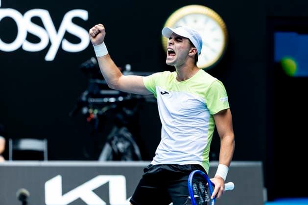 MELBOURNE, VIC - JANUARY 15: Jamie Faria of Portugal celebrates during Round 2 of the 2025 Australian Open on January 15 2025, at Melbourne Park in Melbourne, Australia. (Photo by Jason Heidrich Icon Sportswire) TENNIS: JAN 15 Australian Open EDITORIAL USE ONLY Icon250115102