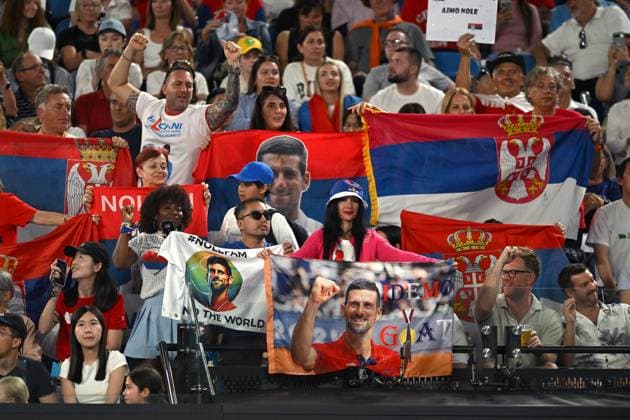 TENNIS AUSTRALIAN OPEN, Serbia fans are seen during the round 2 match between Novak Djokovic of Serbia and Jaime Faria of Portugal during the 2025 Australian Open at Melbourne Park in Melbourne, Wednesday, January 15, 2025. ( NO ARCHIVING, EDITORIAL USE ONLY, NO USE IN BOOKS WITHOUT CONSENT MELBOURNE VICTORIA AUSTRALIA  Copyright: xLUKASxCOCHx 20250115138244949791