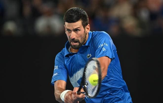 TENNIS AUSTRALIAN OPEN, Novak Djokovic of Serbia in action during his round 2 match against Jaime Faria of Portugal during the 2025 Australian Open at Melbourne Park in Melbourne, Wednesday, January 15, 2025. ( NO ARCHIVING, EDITORIAL USE ONLY, NO USE IN BOOKS WITHOUT CONSENT MELBOURNE VICTORIA AUSTRALIA  Copyright: xLUKASxCOCHx 20250115134689206390
