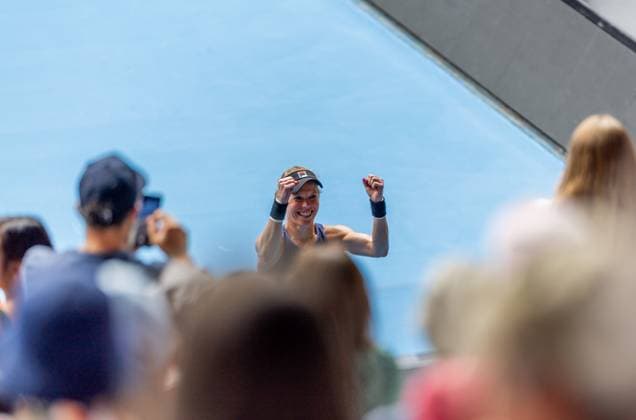 (250115) -- MELBOURNE, Jan. 15, 2025 -- Laura Siegemund celebrates after winning the women s singles 2nd round match between Zheng Qinwen of China and Laura Siegemund of Germany at Australian Open tennis tournament in Melbourne, Australia, Jan. 15, 2025. (Photo by Xinhua) (SP)AUSTRALIA-MELBOURNE-TENNIS-AUSTRALIAN OPEN-DAY 4 HuxJingchen 