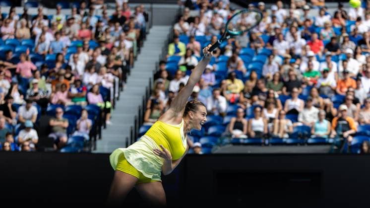 (250115) -- MELBOURNE, Jan. 15, 2025 -- Aryna Sabalenka serves during the women s singles 2nd round match between Aryna Sabalenka of Belarus and Jessica Bouzas Maneiro of Spain at Australian Open tennis tournament in Melbourne, Australia, Jan. 15, 2025. (Photo by Xinhua) (SP)AUSTRALIA-MELBOURNE-TENNIS-AUSTRALIAN OPEN-DAY 4 HuxJingchen 