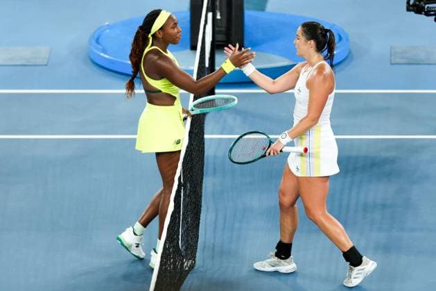 Coco Gauff of USA shakes hands with Jodie Burrage of Great Britain after her match point win Australian Open, Day Four, Tennis, Melbourne Park, Melbourne, Australia - 15 Jan 2025  Copyright: xRachelxBach Shutterstockx 15101599fj