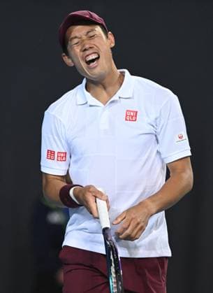 TENNIS AUSTRALIAN OPEN, Kei Nishikori of Japan reacts during his round 2 match against Tommy Paul of the of USA during the 2025 Australian Open at Melbourne Park in Melbourne, Wednesday, January 15, 2025. ( NO ARCHIVING, EDITORIAL USE ONLY, NO USE IN BOOKS WITHOUT CONSENT MELBOURNE VICTORIA AUSTRALIA  Copyright: xLUKASxCOCHx 20250115111222645162