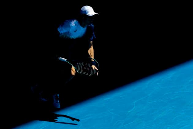 MELBOURNE, VIC - JANUARY 16: Alex de Minaur of Australia in action during Round 2 of the 2025 Australian Open on January 16 2025, at Melbourne Park in Melbourne, Australia. (Photo by Jason Heidrich Icon Sportswire) TENNIS: JAN 16 Australian Open EDITORIAL USE ONLY Icon250116082
