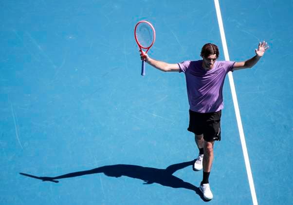 (250116) -- MELBOURNE, Jan. 16, 2025 -- Taylor Fritz celebrates wining the men s singles 2nd round match between Taylor Fritz of the United States and Cristian Garin of Chile at Australian Open tennis tournament in Melbourne, Australia, Jan. 16, 2025. ) (SP)AUSTRALIA-MELBOURNE-TENNIS-AUSTRALIAN OPEN-DAY 5 MaxPing 