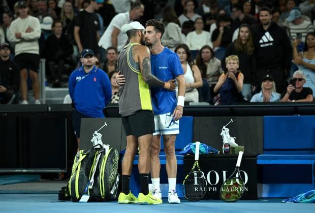TENNIS AUSTRALIAN OPEN, Thanasi Kokkinakis and Nick Kyrgios of Australia following their round 1 Doubles match against James Duckworth and Aleksandar Vukic of Australia during the 2025 Australian Open at Melbourne Park in Melbourne, Thursday, January 16, 2025. ( NO ARCHIVING, EDITORIAL USE ONLY, NO USE IN BOOKS WITHOUT CONSENT MELBOURNE VICTORIA AUSTRALIA  Copyright: xJOELxCARRETTx 20250116163034334150