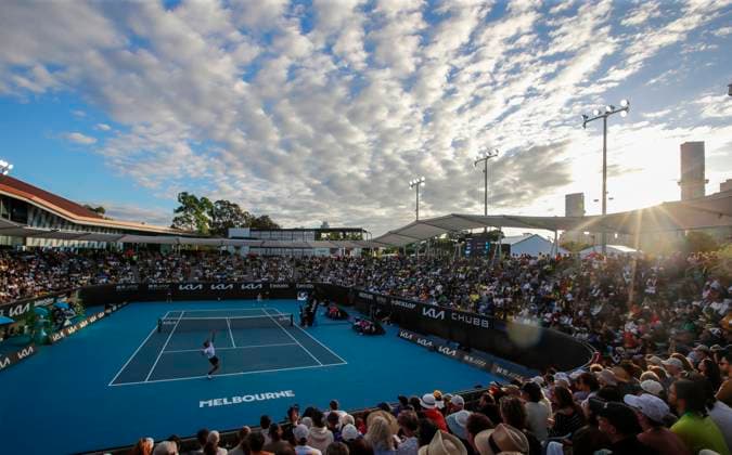 (250116) -- MELBOURNE, Jan. 16, 2025 -- Lorenzo Sonego (front) serves during the men s singles 2nd round match between Joao Fonseca of Brazil and Lorenzo Sonego of Italy at Australian Open tennis tournament in Melbourne, Australia, Jan. 16, 2025. ) (SP)AUSTRALIA-MELBOURNE-TENNIS-AUSTRALIAN OPEN-DAY 5 MaxPing 