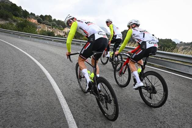 Intermarche Wanty Cycling Team Winter Training Camp {year} L ALFAS DEL PI, SPAIN - JANUARY 16 : Van Hoecke Gijs (BEL) of Intermarche - Wanty, Van Boven Luca (BEL) of Intermarche - Wanty, Page Hugo (FRA) of Intermarche - Wanty pictured during a training session at the Intermarche Wanty UCI World Team winter stage camp as part of the preparation for the new 2025 season on January 16, 2025 in L Alfas del Pi, Spain, 16 01 2025 L Alfas del Pi Spain  Copyright: xVincentxKalutx