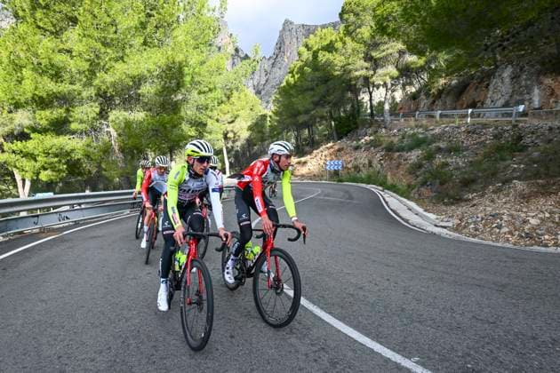 Intermarche Wanty Cycling Team Winter Training Camp {year} L ALFAS DEL PI, SPAIN - JANUARY 16 : Rutsch Jonas (GER) of Intermarche - Wanty, Van Boven Luca (BEL) of Intermarche - Wanty, Dolven Halvor of Wanty Devo ReUz Technord pictured during a training session at the Intermarche Wanty UCI World Team winter stage camp as part of the preparation for the new 2025 season on January 16, 2025 in L Alfas del Pi, Spain, 16 01 2025 L Alfas del Pi Spain  Copyright: xVincentxKalutx