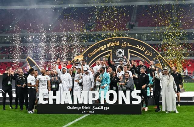 Sport Themen der Woche KW03 Sport Bilder des Tages AL RAYYAN SC VS SHABAB AL AHLI FC -QATAR-UAE SUPER CUP Players of Shabab Al Ahli FC celebrate with the trophy after winning the Challenge Shield of the Qatar-UAE Super Cup match between QatarÕs Al Rayyan SC and United Arab EmirateÕs Shabab Al Ahli at Ahmad Bin Ali Stadium in Rayyan, Qatar, on January 16, 2024. Copyright: xNOUSHADx