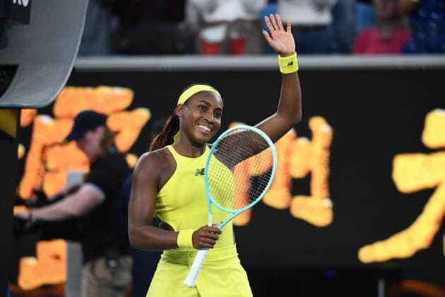 TENNIS AUSTRALIAN OPEN, Coco Gauff of USA celebrates her round three win over Leylah Fernandez of Canada during the 2025 Australian Open at Melbourne Park in Melbourne, Friday, January 17, 2025. ( NO ARCHIVING, EDITORIAL USE ONLY, NO USE IN BOOKS WITHOUT CONSENT MELBOURNE VICTORIA AUSTRALIA  Copyright: xJOELxCARRETTx 20250117128975690350