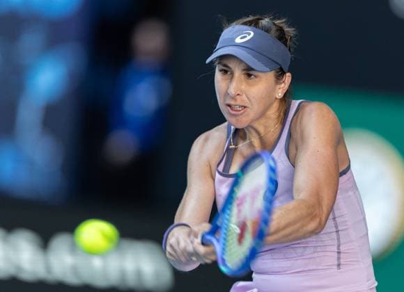 (250117) -- MELBOURNE, Jan. 17, 2025 -- Belinda Bencic hits a return during the women s singles 3rd round match between Osaka Naomi of Japan and Belinda Bencic of Switzerland at Australian Open tennis tournament in Melbourne, Australia, Jan. 17, 2025. (Photo by Xinhua) (SP)AUSTRALIA-MELBOURNE-TENNIS-AUSTRALIAN OPEN-DAY 6 HuxJingchen 