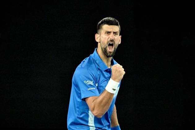 TENNIS AUSTRALIAN OPEN, Novak Djokovic of Serbia reacts during his round three match against Tomas Machac of Czechia during the 2025 Australian Open at Melbourne Park in Melbourne, Friday, January 17, 2025. ( NO ARCHIVING, EDITORIAL USE ONLY, NO USE IN BOOKS WITHOUT CONSENT MELBOURNE VICTORIA AUSTRALIA  Copyright: xJAMESxROSSx 20250117124749343897