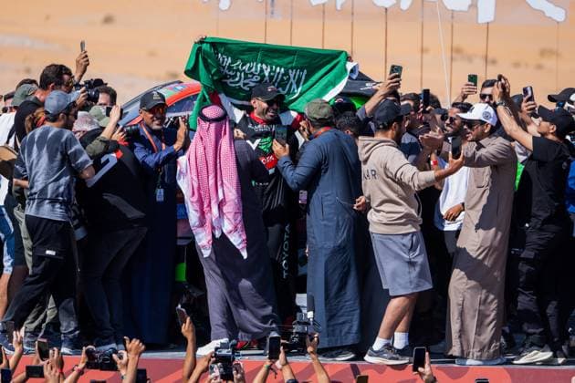 DAKAR 2025 - CEREMONY AND FINISH PODIUM 201 AL RAJHI Yazeed (sau), GOTTSCHALK Timo (ger), Toyota, Yazeed Racing, Overdrive Racing, FIA W2RC, Ultimate, celebrates his win during the Ceremony and Finish Podium of the Dakar 2025 on January 17, 2025 in Subaytah, Saudi Arabia - SubaytahSaudi Arabia  Copyright: xJULIENxDELFOSSEx