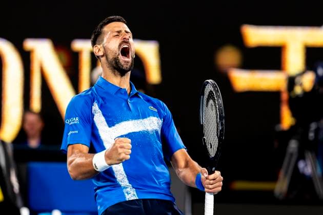 MELBOURNE, VIC - JANUARY 17: Novak Djokovic of Serbia celebrates during Round 3 of the 2025 Australian Open on January 17 2025, at Melbourne Park in Melbourne, Australia. (Photo by Jason Heidrich Icon Sportswire) TENNIS: JAN 17 Australian Open EDITORIAL USE ONLY Icon250117282