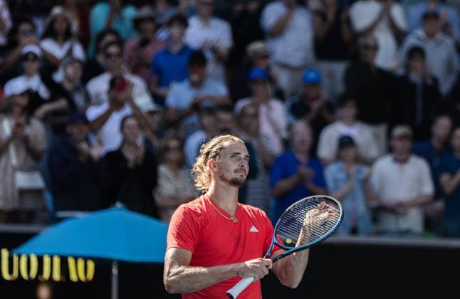(250117) -- MELBOURNE, Jan. 17, 2025 -- Alexander Zverev of Germany reacts after defeating Jacob Fearnley of Britain after the men s singles 3rd round match at Australian Open tennis tournament in Melbourne, Australia, Jan. 17, 2025. (Photo by Xinhua) (SP)AUSTRALIA-MELBOURNE-TENNIS-AUSTRALIAN OPEN-DAY 6 HuxJingchen 