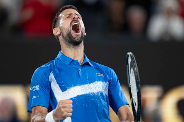 (250117) -- MELBOURNE, Jan. 17, 2025 -- Novak Djokovic celebrates after winning the men s singles 3rd round match between Novak Djokovic of Serbia and Tomas Machac of the Czech Republic at Australian Open tennis tournament in Melbourne, Australia, Jan. 17, 2025. ) (SP)AUSTRALIA-MELBOURNE-TENNIS-AUSTRALIAN OPEN-DAY 6 LuixSiuxWai 