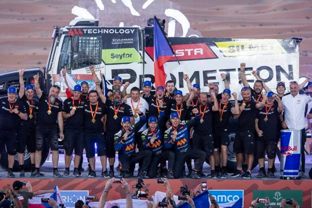 DAKAR 2025 - CEREMONY AND FINISH PODIUM 600 MACIK Martin (cze), TOMASEK Frantisek (cze), SVANDA David (cze), Iveco, MM Technology, Trucks, action during the Ceremony and Finish Podium of the Dakar 2025 on January 17, 2025 in Subaytah, Saudi Arabia - SubaytahSaudi Arabia  Copyright: xJULIENxDELFOSSEx
