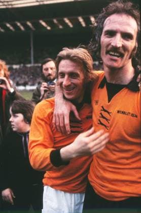 Football - 1974 League Cup Final - Manchester City 1 Wolverhampton Wanderers 2 City s Denis Law and Wolves Derek Dougan share a joke after the final whistle at Wembley. 