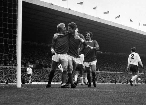 Football - 1967 1968 First Division - Manchester United, ManU 3 Tottenham Hotspur 1 (23 09 1967) United s Denis Law celebrates his team s goal with Brian Kidd and George Best, right, at Old Trafford. 