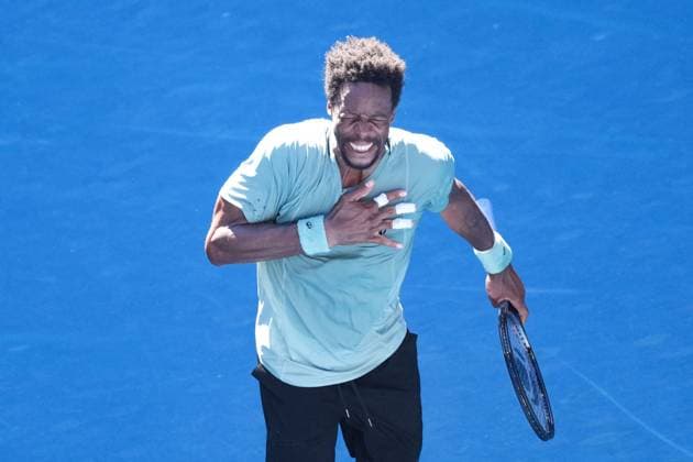 January 18, 2025: GAEL MONFILS of France celebrates after defeating 4th seed TAYLOR FRITZ of the USA on Margaret Court Arena in a Men s Singles 3rd round match on day 7 of the 2025 Australian Open in Melbourne, Australia. Cal Media Melbourne Australia - ZUMAc04_ 20250118_faf_c04_051 Copyright: xSydneyxLowx