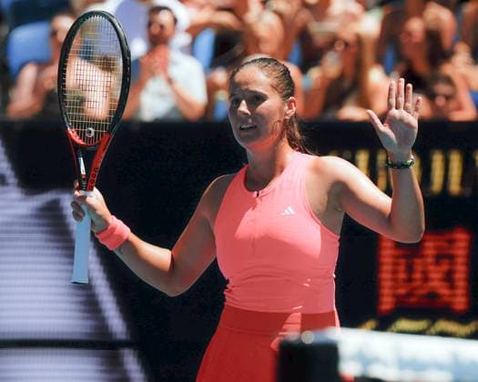 (250118) -- MELBOURNE, Jan. 18, 2025 -- Daria Kasatkina celebrates after winning the women s singles third round match between Daria Kasatkina of Russia and Yulia Putintseva of Kazakhstan at Australian Open tennis tournament in Melbourne, Australia, Jan. 18, 2025. (Photo by Xinhua) (SP)AUSTRALIA-MELBOURNE-TENNIS-AUSTRALIAN OPEN-DAY 7 ChuxChen 
