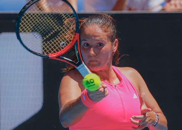 (250118) -- MELBOURNE, Jan. 18, 2025 -- Daria Kasatkina hits a return during the women s singles third round match between Daria Kasatkina of Russia and Yulia Putintseva of Kazakhstan at Australian Open tennis tournament in Melbourne, Australia, Jan. 18, 2025. (Photo by Xinhua) (SP)AUSTRALIA-MELBOURNE-TENNIS-AUSTRALIAN OPEN-DAY 7 ChuxChen 