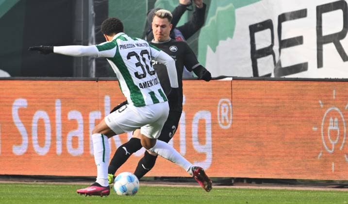 18.01.2025 - Fussball - Saison 2024 2025 - 2. Fussball - Bundesliga - 18. Spieltag: SC Preußen Preussen Münster SCP - SpVgg Greuther Fürth ( Kleeblatt ) - Sportfoto Zink - xwoxzix - DFL regulations prohibit any use of photographs as image sequences and or quasi-video - only for editorial use - Etienne Amenyido (30, Preußen Münster ) Felix Klaus (30, SpVgg Greuther Fürth )