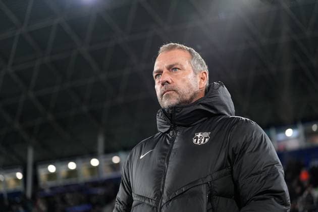 January 18, 2025, Getafe, Madrid, SPAIN: Hansi Flick, head coach of FC Barcelona, Barca looks on during the Spanish League, LaLiga EA Sports, football match played between Getafe CF and FC Barcelona at Coliseum de Getafe stadium on January 18, 2025, in Madrid, Spain. Getafe SPAIN - ZUMAa181 20250118_zaa_a181_269 Copyright: xOscarxJ.xBarrosox