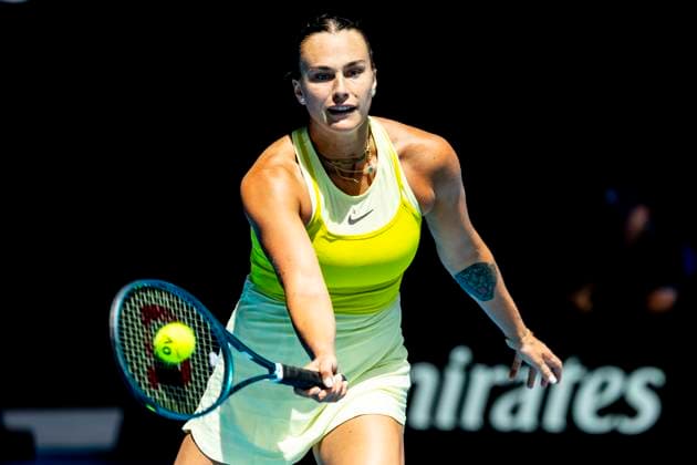 MELBOURNE, VIC - JANUARY 19: Aryna Sabalenka of Belarus in action during Round 4 of the 2025 Australian Open on January 19 2025, at Melbourne Park in Melbourne, Australia. (Photo by Jason Heidrich Icon Sportswire) TENNIS: JAN 19 Australian Open EDITORIAL USE ONLY Icon250119005
