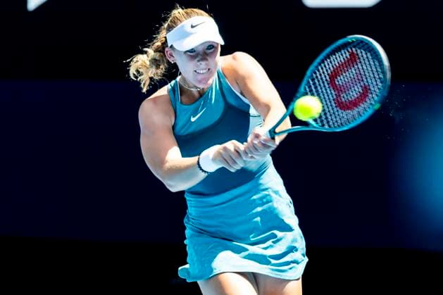 MELBOURNE, VIC - JANUARY 19: Mirra Andreeva of Russia in action during Round 4 of the 2025 Australian Open on January 19 2025, at Melbourne Park in Melbourne, Australia. (Photo by Jason Heidrich Icon Sportswire) TENNIS: JAN 19 Australian Open EDITORIAL USE ONLY Icon250119046