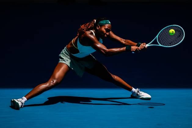 January 19, 2025: MELBOURNE, AUSTRALIA - JANUARY 19: Coco Gauff.of USA hits a backhand to Belinda Bencic of Switzerland on day eight of the 2025 Australian Open at Melbourne Park on January 19, 2025 in Melbourne, Australia. - ZUMAp121 20250119_zsp_p121_067 Copyright: xChrisxPutnamx