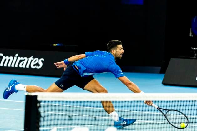 MELBOURNE, VIC - JANUARY 19: Novak Djokovic of Serbia in action during Round 4 of the 2025 Australian Open on January 19 2025, at Melbourne Park in Melbourne, Australia. (Photo by Jason Heidrich Icon Sportswire) TENNIS: JAN 19 Australian Open EDITORIAL USE ONLY Icon250119269