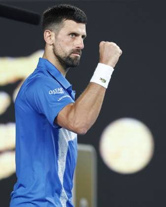 Tennis: Australian Open Novak Djokovic of Serbia reacts after beating Jiri Lehecka of the Czech Republic in the fourth round of the men s singles at the Australian Open tennis tournament in Melbourne on Jan. 19, 2025.  A14AA0004005927P