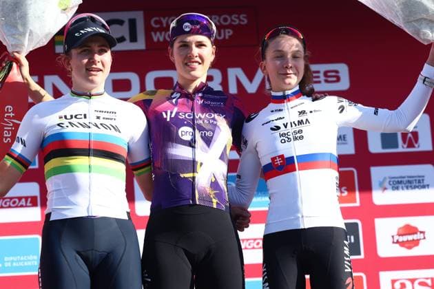 Dutch Lucinda Brand, Dutch Fem Van Empel and Luxembourgian Marie Schreiber pictured on the podium after the women s elite race at the cyclocross cycling event in Benidorm, Spain, , stage 12 14 in the UCI World Cup competition. DAVIDxPINTENS  x110722189x