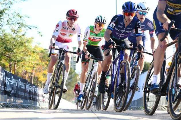 L-R, Belgian Michael Vanthourenhout, Belgian Emiel Verstrynge and Dutch Lars Van Der Haar pictured in action during the men s elite race at the cyclocross cycling event in Benidorm, Spain, Sunday 19 January 2025, stage 12 14 in the UCI World Cup competition. DAVIDxPINTENS  x110723531x