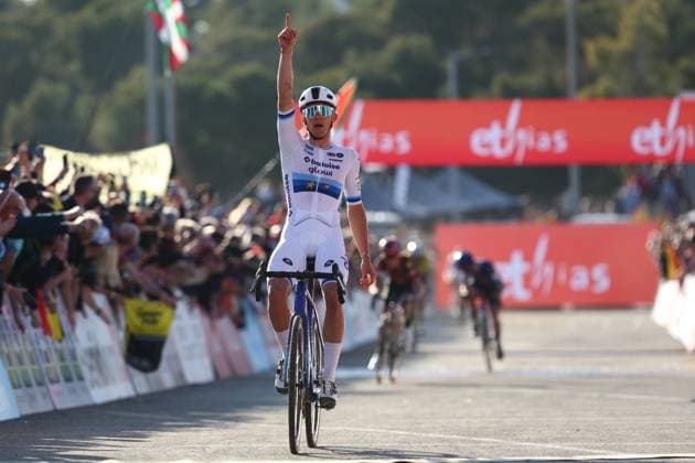 Belgian Thibau Nys celebrates as he crosses the finish line to win the men s elite race at the cyclocross cycling event in Benidorm, Spain, , stage 12 14 in the UCI World Cup competition. DAVIDxPINTENS  x110724696x
