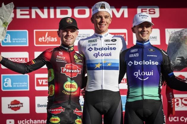 L-R, second Belgian Eli Iserbyt, winner Belgian Thibau Nys and third Dutch Lars Van Der Haar celebrate on the podium of the men s elite race at the cyclocross cycling event in Benidorm, Spain, Sunday 19 January 2025, stage 12 14 in the UCI World Cup competition. DAVIDxPINTENS  x110726868x