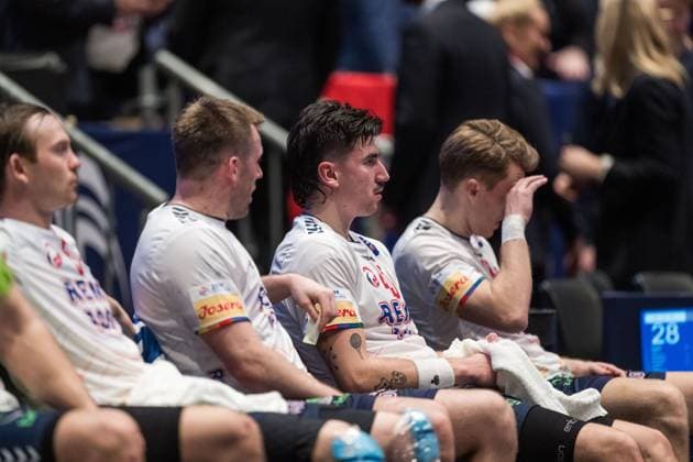 250119 Sander Sagosen, Vetle Eck Aga, Simen Ulstad Lyse and Kristian Bjornsen of Norway looks dejected after the 2025 IHF World Men s Handball Championship match between Norway and Portugal on January 19, 2025 in Oslo. Photo: Mathias Bergeld BILDBYRAN kod MB MB1062 handball handboll handball ihf 2025 world mens handball championship handbolls-vm vm norway portugal 2025 ihf world mens handball championship 6 bbeng norge depp Copyright: MATHIASxBERGELD BB250119MB079