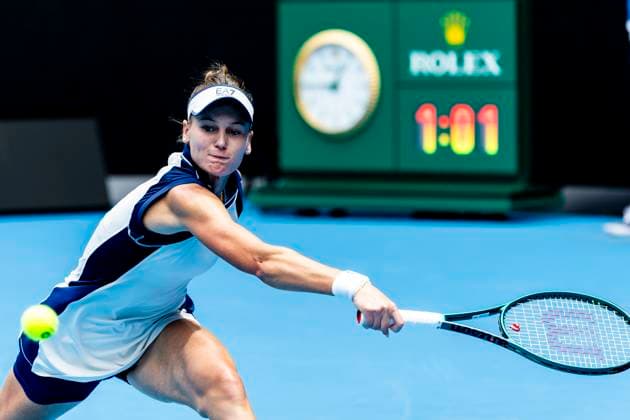 MELBOURNE, VIC - JANUARY 20: Veronika Kudermetova of Russia in action during Round 4 of the 2025 Australian Open on January 20 2025, at Melbourne Park in Melbourne, Australia. (Photo by Jason Heidrich Icon Sportswire) TENNIS: JAN 20 Australian Open EDITORIAL USE ONLY Icon250120049